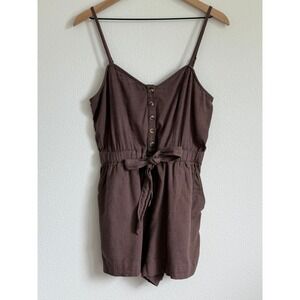 Earthcore Boho Brown Romper Aerie Sleeveless Button Bodice Cotton Tie Pockets